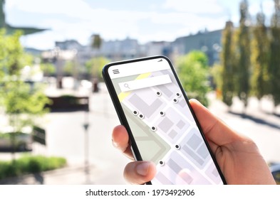 Map App In Mobile Phone To Search Location Or Navigate To Destination In City. Place Marker And Pointer Icon. Online GPS Guide In Smartphone. Geo Satellite Technology For Tracking Route And Direction.