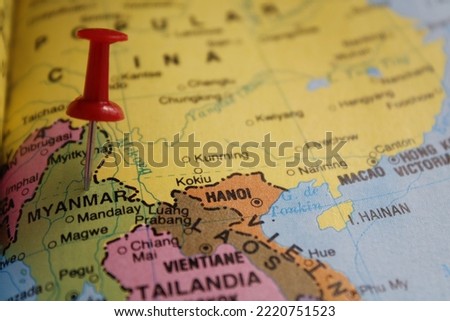 Map of an atlas for educational learning of Myanmar, former Burma, of Southeast Asia, borders Bangladesh, India and China, with natural wonders such as the Himalayas that encourage tourism 