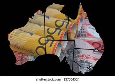 the map of Austrailia with the currency as the background
