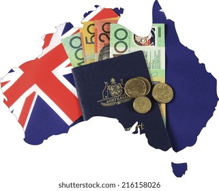 Map Of Australia With Australian Flag, Passport And Money Cash Dollar Notes And Coins.