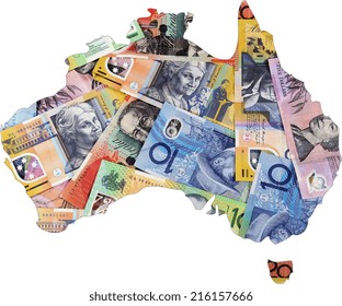 Map Of Australia With Australian Money Dollar Notes.