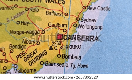 Map of Canberra or Canberra on a map, Australia.