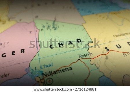 Map of Chad with shadowed top and bottom. Selective focus on label, close-up view