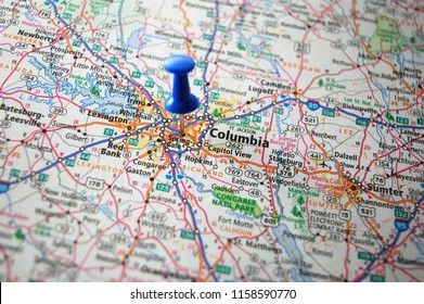 A Map Of Columbia,South Carolina Marked With A Push Pin.