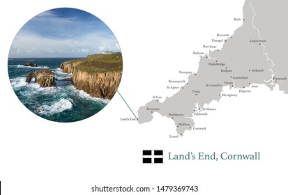 Map of Cornwall, featuring photographic image of lands End, and key towns in Cornwall marked on map.