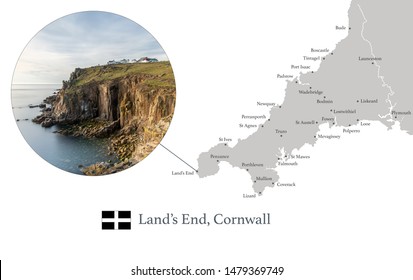 Map of Cornwall, featuring photographic image of Land's End, and key towns in Cornwall marked on map.