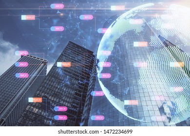 Map and data theme hologram on city view with skyscrapers background double exposure. International technology in business concept.