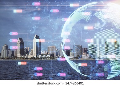 Map and data theme hologram on city view with skyscrapers background double exposure. International technology in business concept.