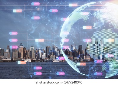 Map and data theme hologram on city view with skyscrapers background double exposure. International technology in business concept.