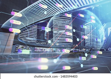 Map and data theme hologram on city view with skyscrapers background double exposure. International technology in business concept.