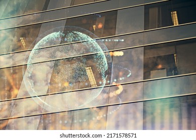 Map and data theme hologram on city view with skyscrapers background double exposure. International technology in business concept.