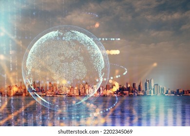 Map and data theme hologram on city view with skyscrapers background double exposure. International technology in business concept.