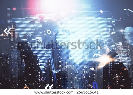 Map and data theme hologram on city view with skyscrapers background double exposure. International technology in business concept.