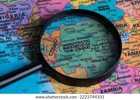 Map of Democratic republic of the congo through magnifying glass.Close-up