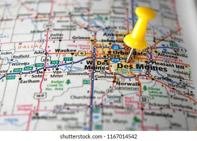 A Map Of Des Moines, Iowa Marked With A Push Pin.