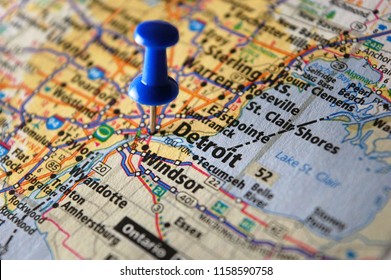 A Map Of Detroit, Michigan Marked With A Push Pin.