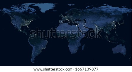 Map of Earth at night, flat view of city lights in America, Africa, Europe, South Asia, World from space. Dark World map on global satellite picture, photo. Elements of this image furnished by NASA.