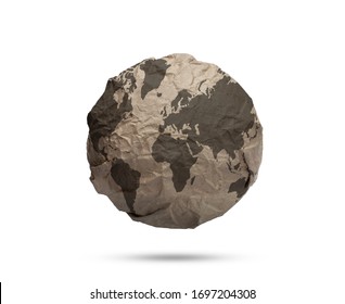 Map Earth On Circle Paper Crumpled. Symbol Of Global In Brown Paper. Concept Recycle The World Is Made Of Paper. Isolated With Clipping Path