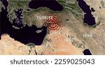 Map of eartquake in Turkiye (Turkey) Syria 8K, high res, town Ekinözü, town Gaziantep, with eartquake circle, 