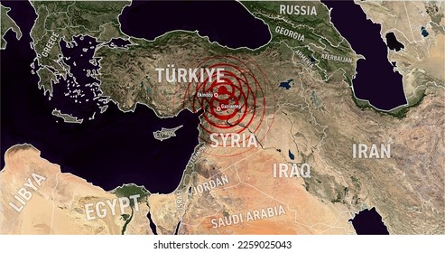 Map of eartquake in Turkiye (Turkey) Syria 8K, high res, town Ekinözü, town Gaziantep, with eartquake circle, 