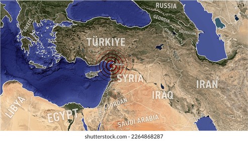 Map of eartquake in Turkiye (Turkey) Syria 8K, high res, town Ekinözü, town Gaziantep,  with eartquake circle, Antakya, 6.4 magnitude 20.02.2023 - Shutterstock ID 2264868287