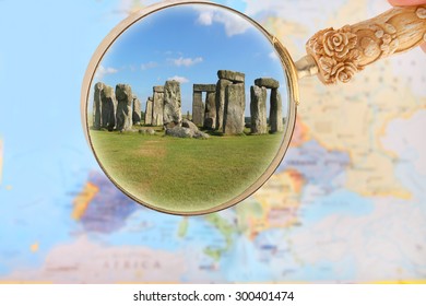  Map Of Europe With Magnifying Glass Looking In On Stonehenge, Wiltshire, United, Kingdom