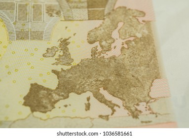 Map Of Europe On A Fifty Euro Banknote, Close Up Details. 