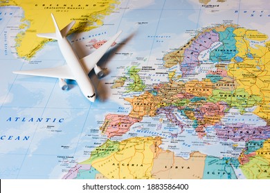 Map Of Europe. Travelling By Plane. Airplane On A Map.