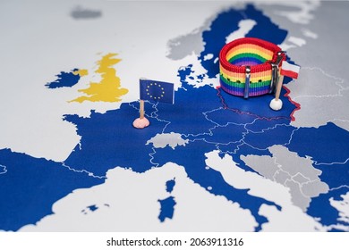 Map Of The European Union With An LGBT Bracelet On Top Of Poland, Symbolizing Homosexual Discrimination In That Country