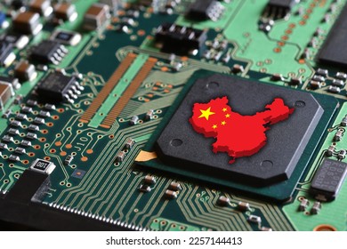 Map and Flag of the Republic of China on microchips of a printed electronic card. Concept for supremacy in global microchip and semiconductor manufacturing.