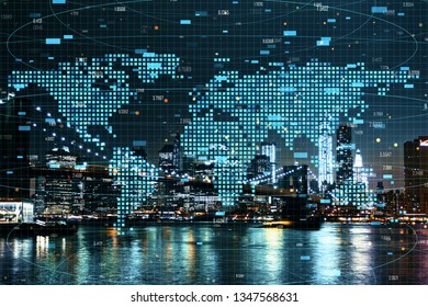 Map with forex candlestick index on blurry night city background. Global trade and finance concept. Double exposure 