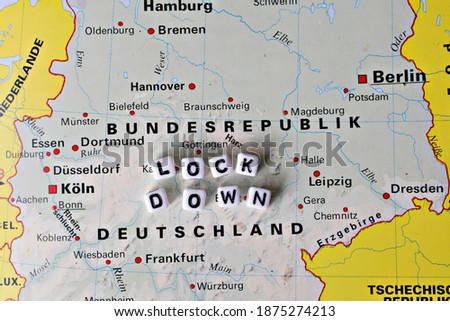 Map of germany, corona activities in germay word lockdown, written with single letters no person
