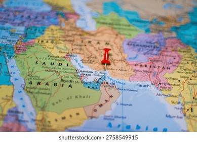 Map highlighting UAE, Oman, and the Strait of Hormuz with a red location pin.
Symbolizes strategic maritime routes and the importance of this region in global trade and oil supply chains.