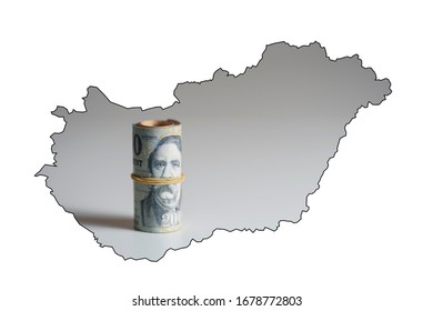 Map Of Hungary. Rolled Up Hungarian Forint 20,000 Forint Banknote Ferenc Deák.