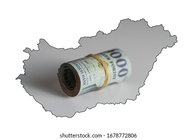 Map Of Hungary. Rolled Up Hungarian Forint 20,000 Forint Banknote Ferenc Deák.