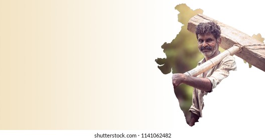 Map Of India Shows Indian Farmer Portrait Holding Plow On White Gradient Background, Indian Agriculture, Kisan Diwas Concept