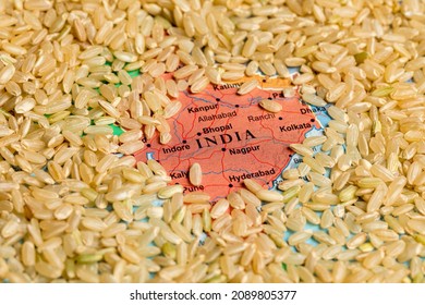 Map Of India Surrounded By Rice. Rice Farming, Export, Import, Production And Trade Concept.