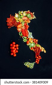 Map of Italy made of tomatoes of different types - Shutterstock ID 381409309