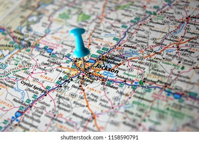 A Map Of Jackson, Mississippi Marked With A Push Pin.