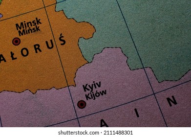 map with kiev and minsk. Ukraine and Belarus. Border of countries. Close-up photo of the map.