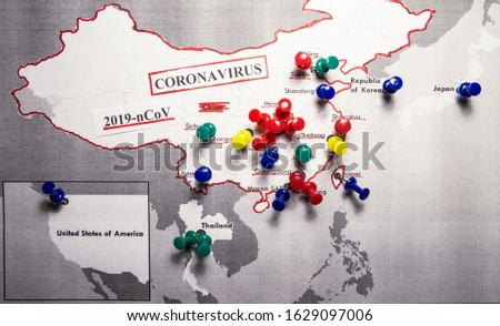 Map with marked buttons of different colors of cities with coronavirus infection. The inscription coronavirus and 2019–nCoV in China The spread of coronavirus from China.