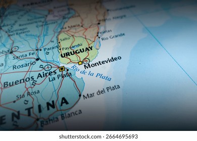 Map of Montevideo with shadowed top and bottom. Selective focus on label, close-up view