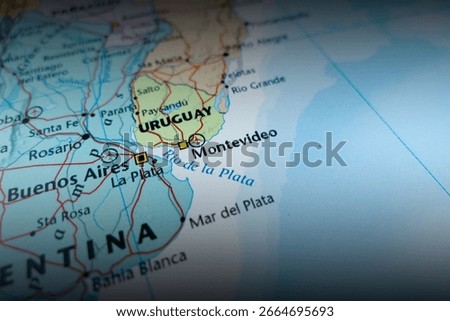 Map of Montevideo with shadowed top and bottom. Selective focus on label, close-up view
