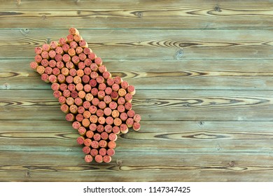 Map Of The Napa Valley Wine Region Formed Of Old Stained Red And White Wine Bottle Corks Over A Rustic Wood Background With Copy Space