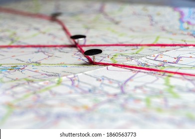 Map Navigation Points Are Marked With A Red Thread. Orientation On The Terrain. Study The Map Of The Area For A Tourist Trip