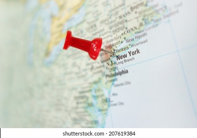 Map Of New York And US East Coast And Red Tack                               