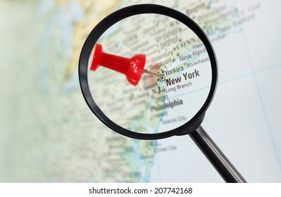 Map Of New York And US East Coast And Red Tack Magnified                               