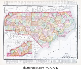 A map of North Carolina, USA from Spofford's Atlas of the World, printed in the United States in 1900, created by Rand McNally & Co.