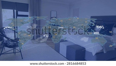 Map overlay appearing on play over bedroom, clear layer forming hex pulsing nodes showing tech data. Futuristic, holographic, blue, globe, analytics, networks, visualization