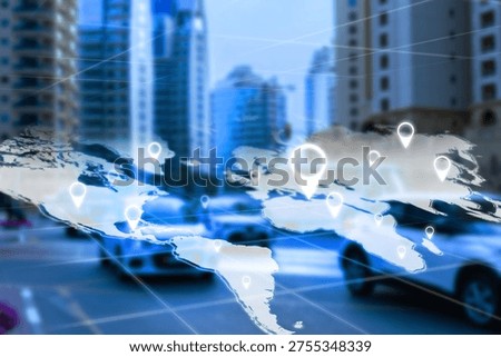 Map overlay shows locations with pinpoints on city street during daytime